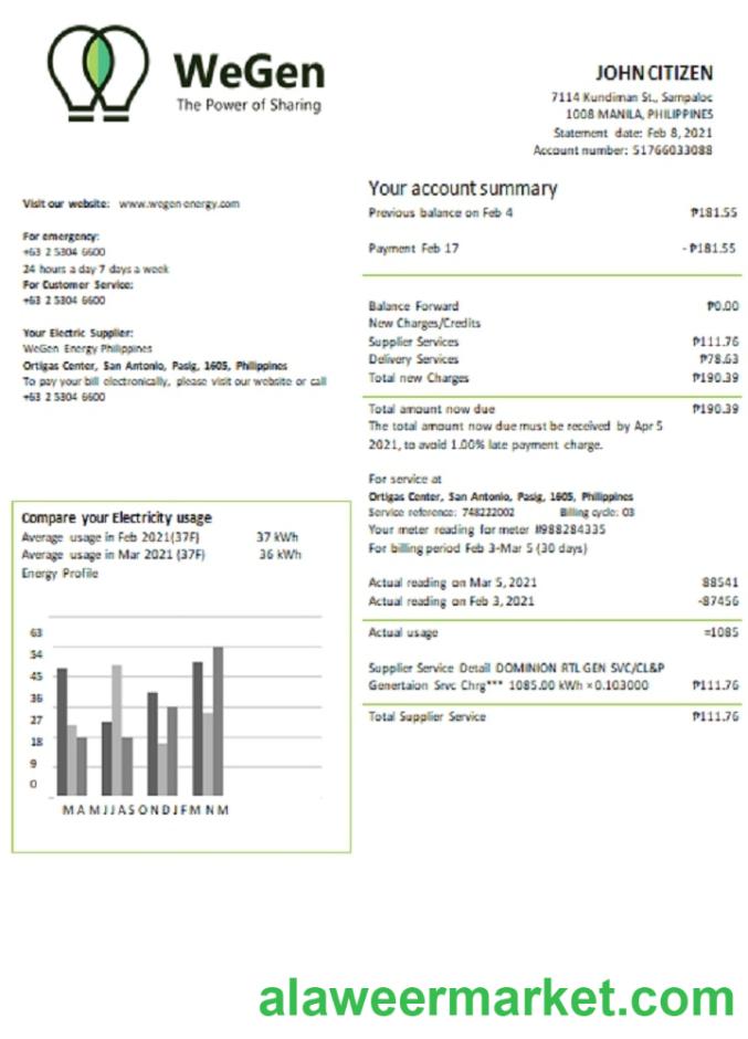 Philippines WeGen Energy Philippines utility bill template in Word and PDF format